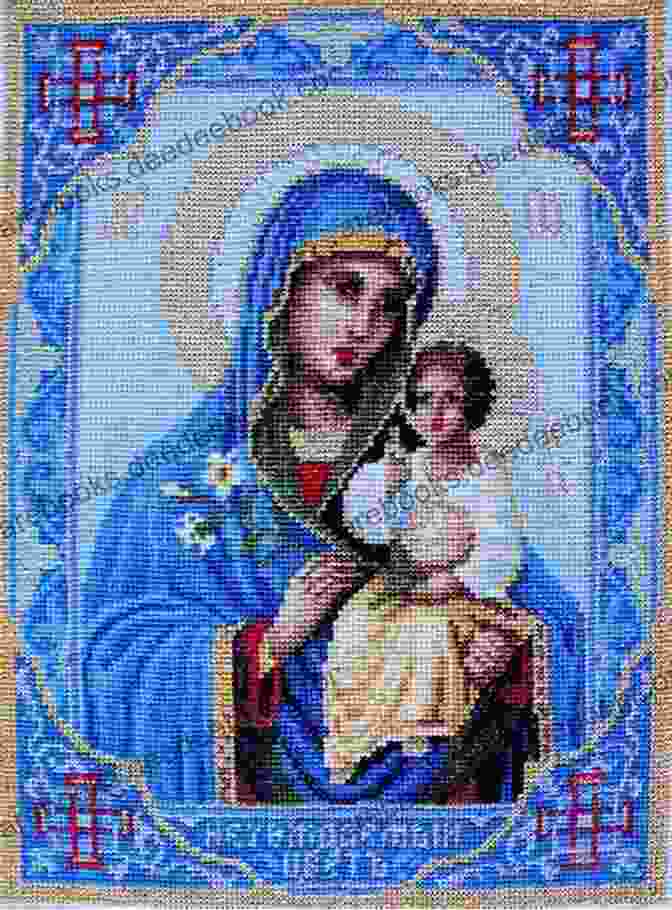 A Counted Cross Stitch Of Mother Mary With Infant Jesus, Embracing Tenderly With Love And Compassion. Counted Cross Stitch Mother Mary With Infant Jesus
