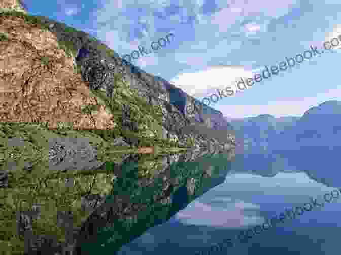Jagged Cliffs Of The Aurlandsfjord With A Boat Passing Through On The Edge Of The Fjord